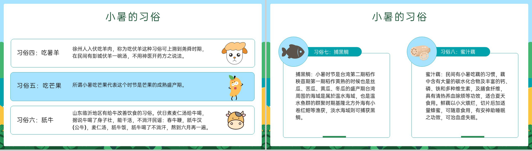 蓝绿色卡通风传统二十四节气小暑节气介绍习俗PPT模板-9