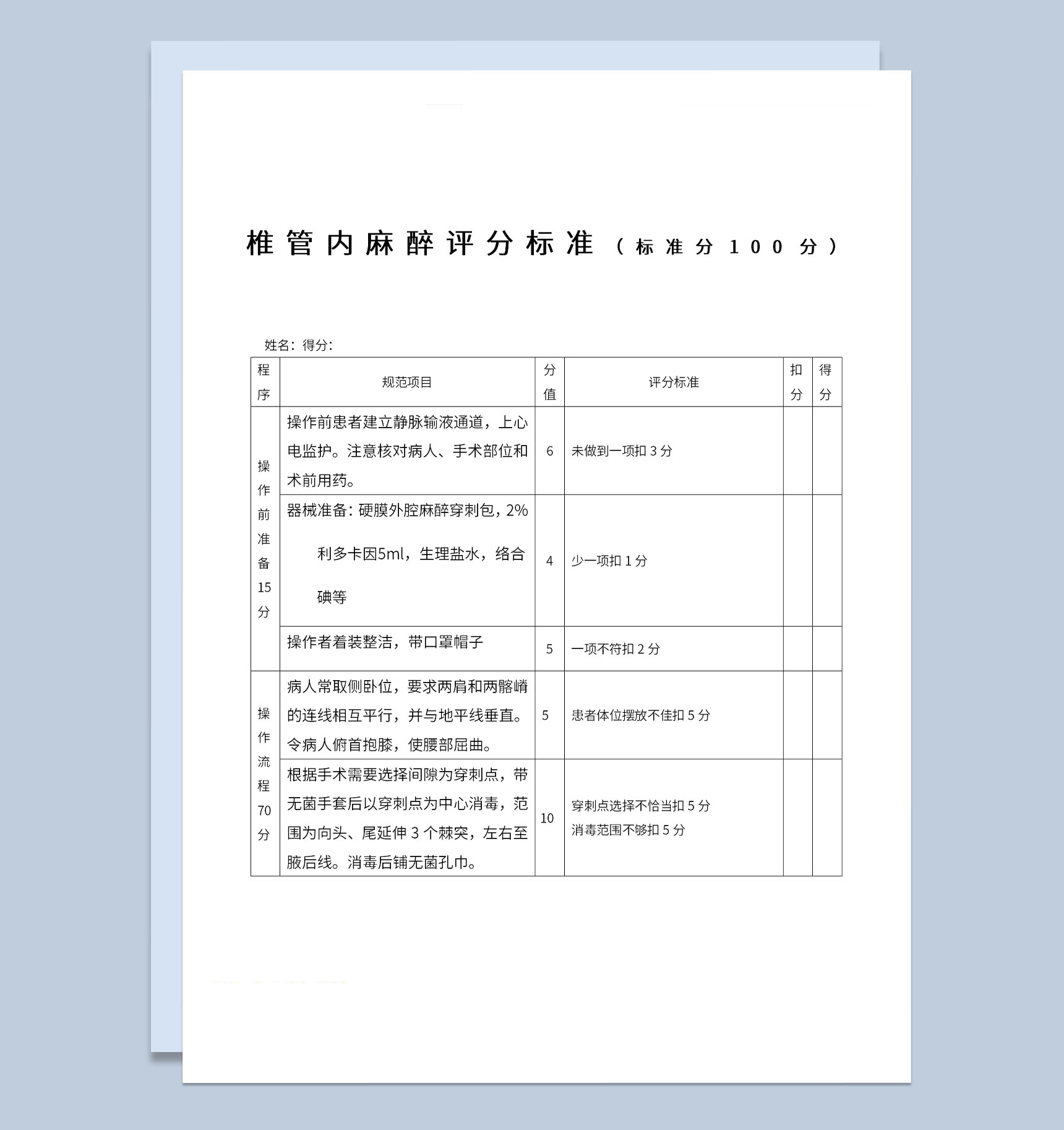 医学生椎管内麻醉规范项目及评分标准Word模板-1