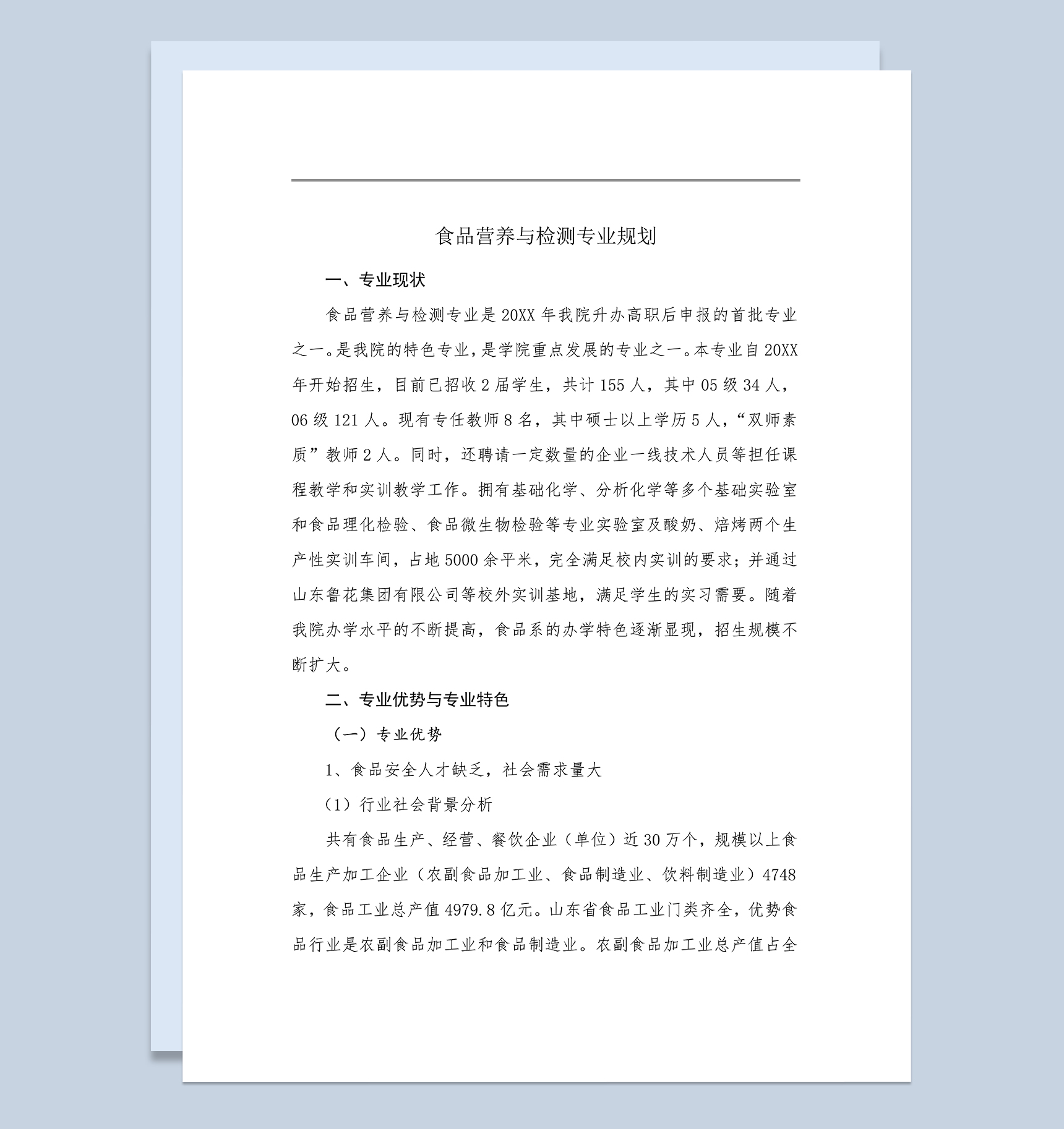 XX食品职业学院食品营养与检测专业规划Word模板