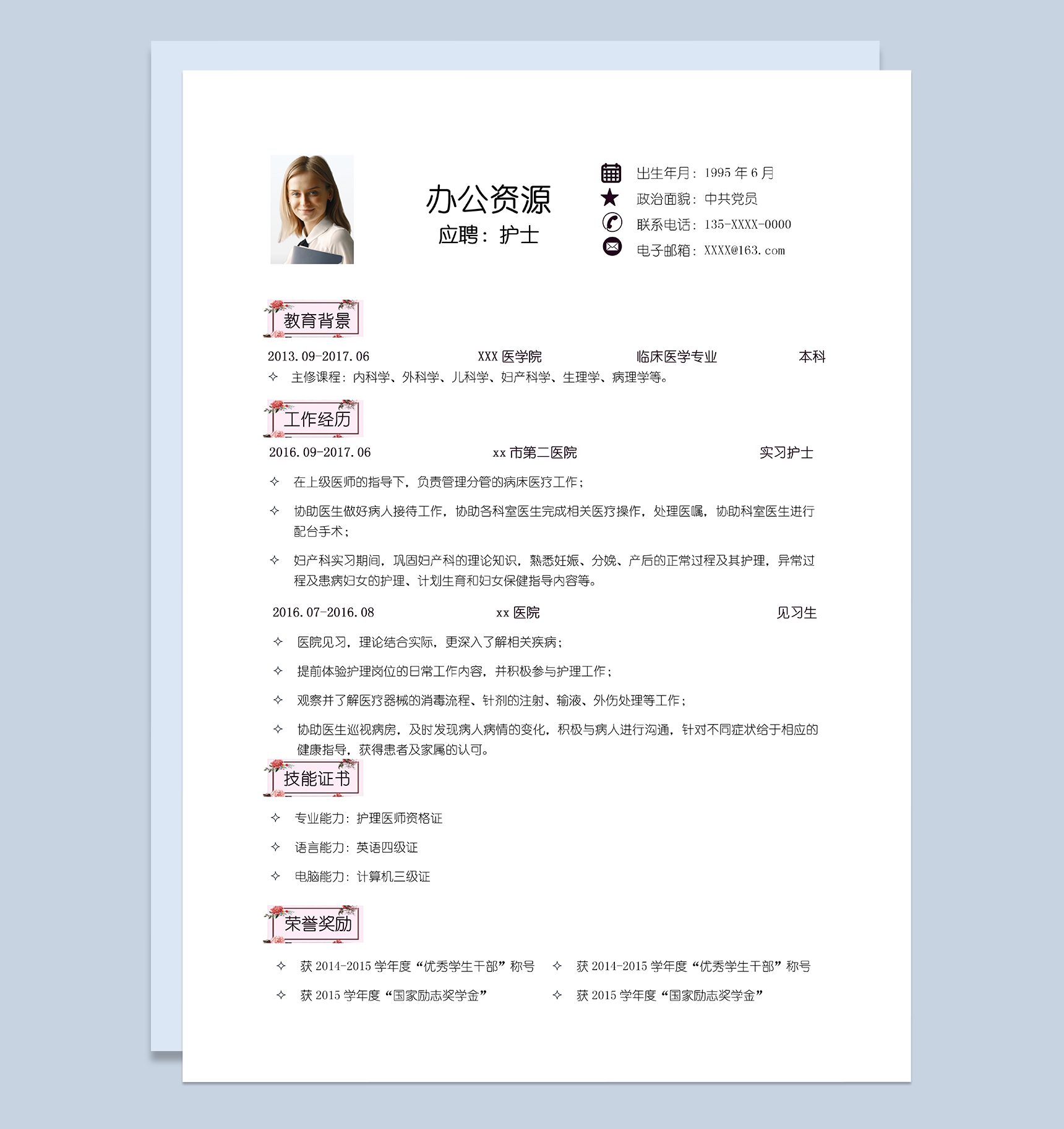唯美大气护士工作个人求职简历Word模板-1