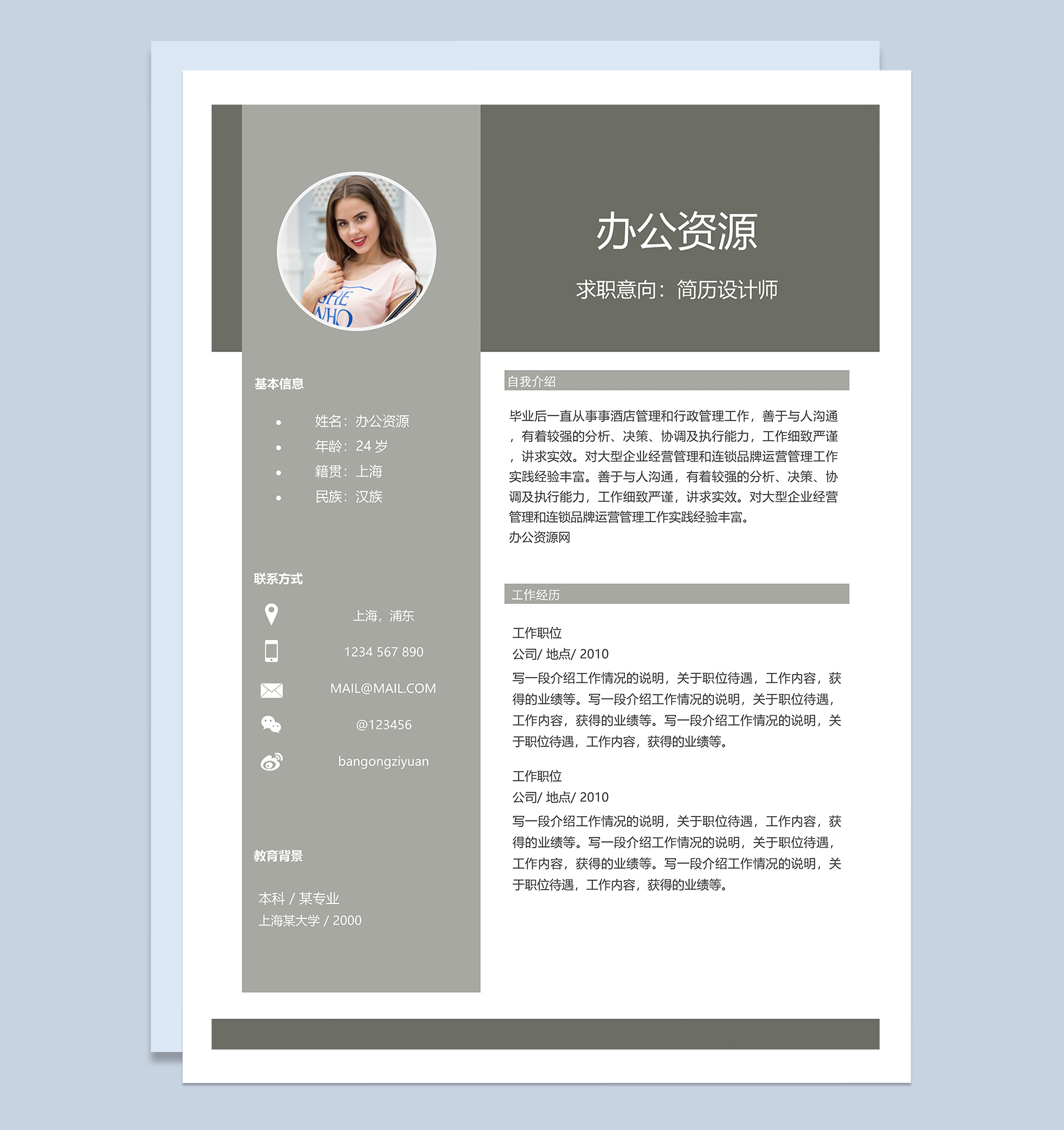 经典简约灰个人工作应聘求简历Word模板