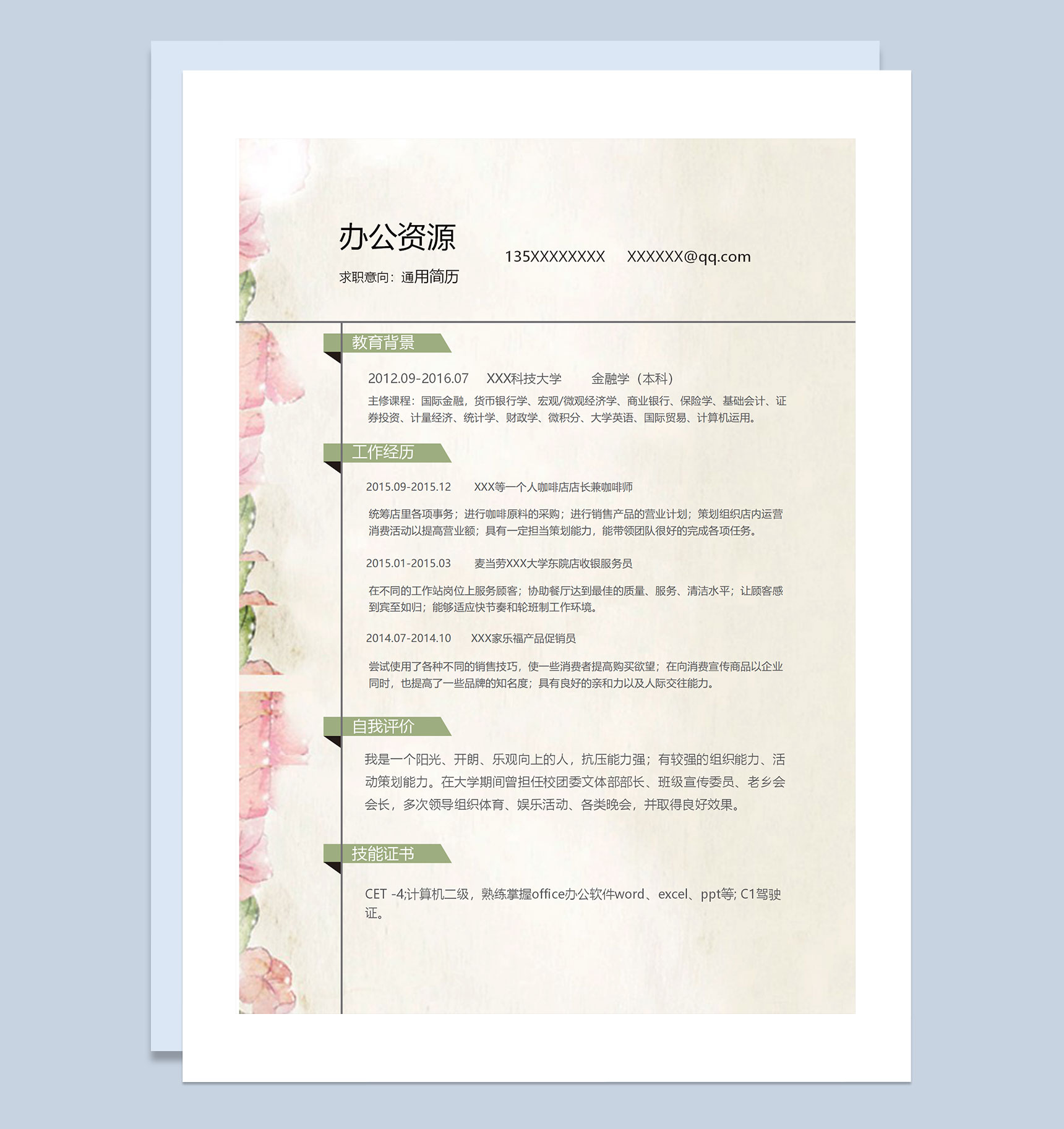 彩色手绘花卉封面咖啡店店长咖啡师收银员产品促销员通用求职简历个人简历Word模板-1