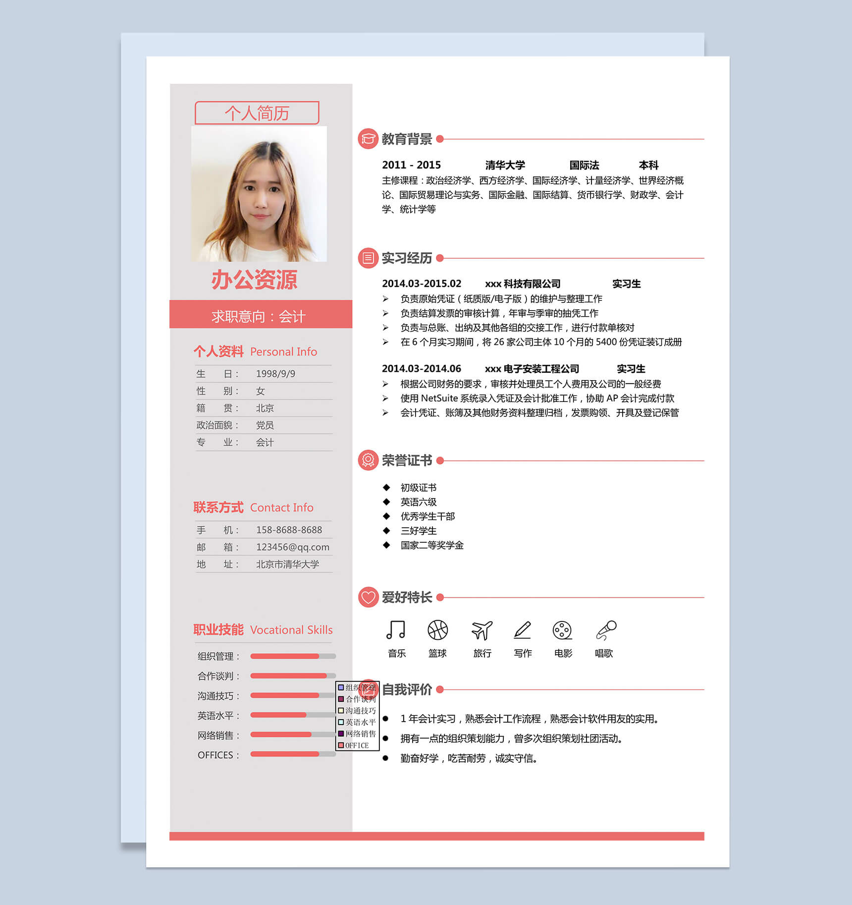 板块会计专业应届生毕业求职简历Word模板-1
