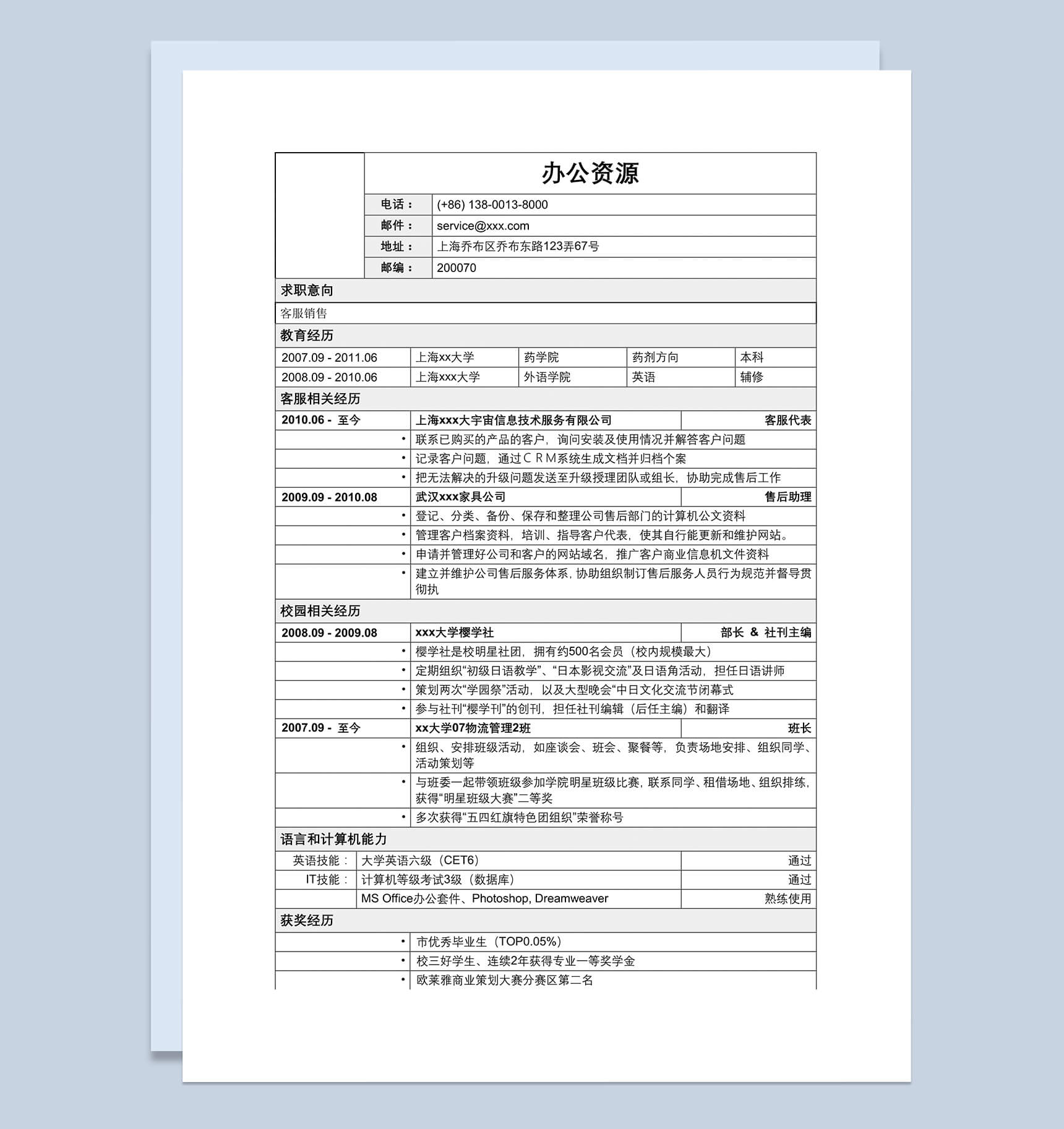 客服类求职招聘工作销售简历Word模板-1