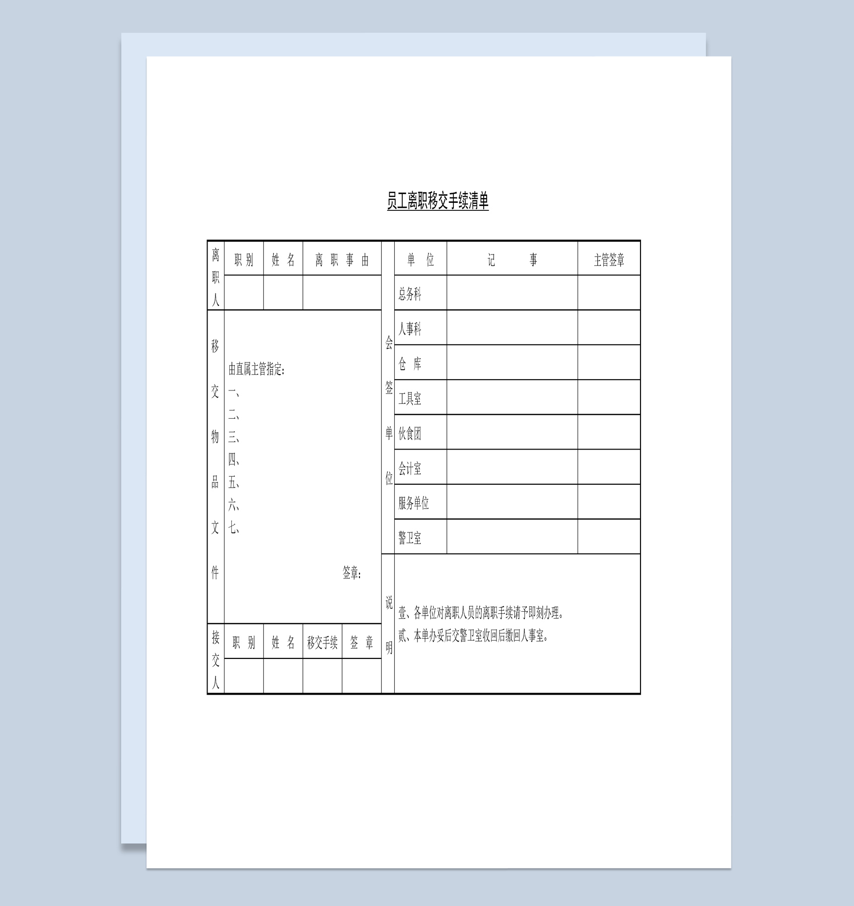 企业员工离职移交手续清单Word模板