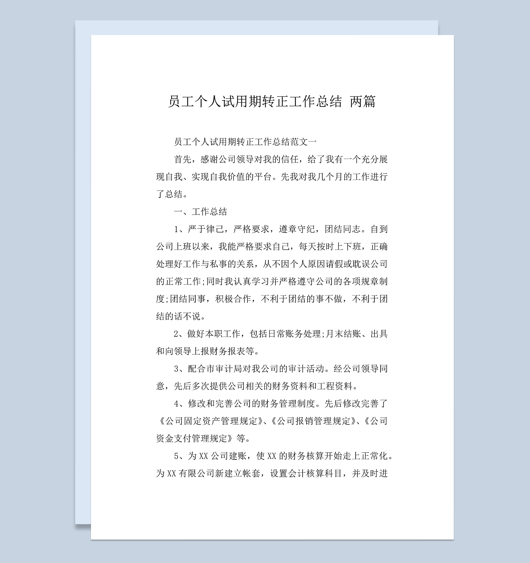 公司员工个人试用期转正工作总结年终总结Word模板