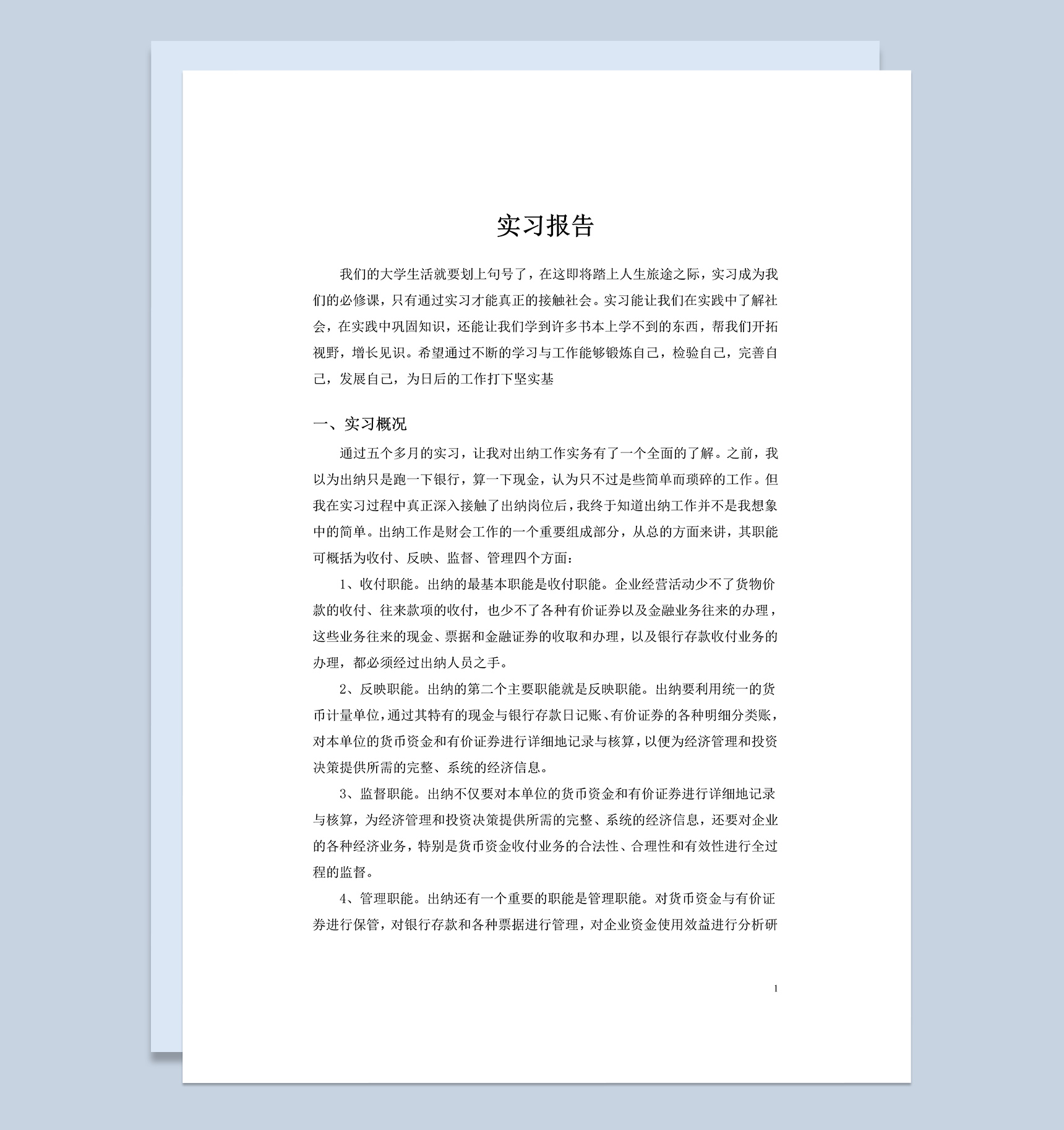 实用简约风企业公司出纳实习报告范本Word模板-1