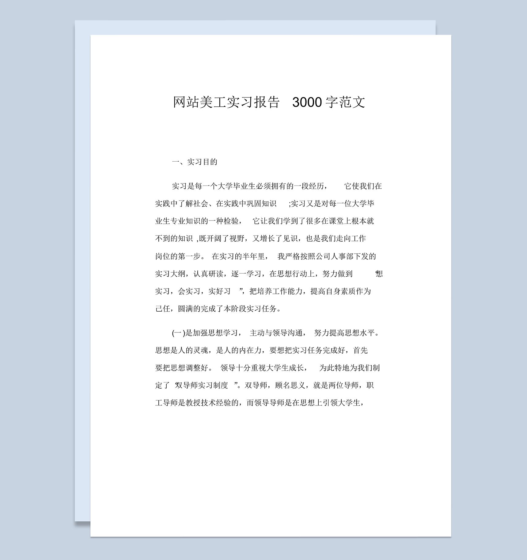简洁风格网站美工顶岗实习报告范本Word模板