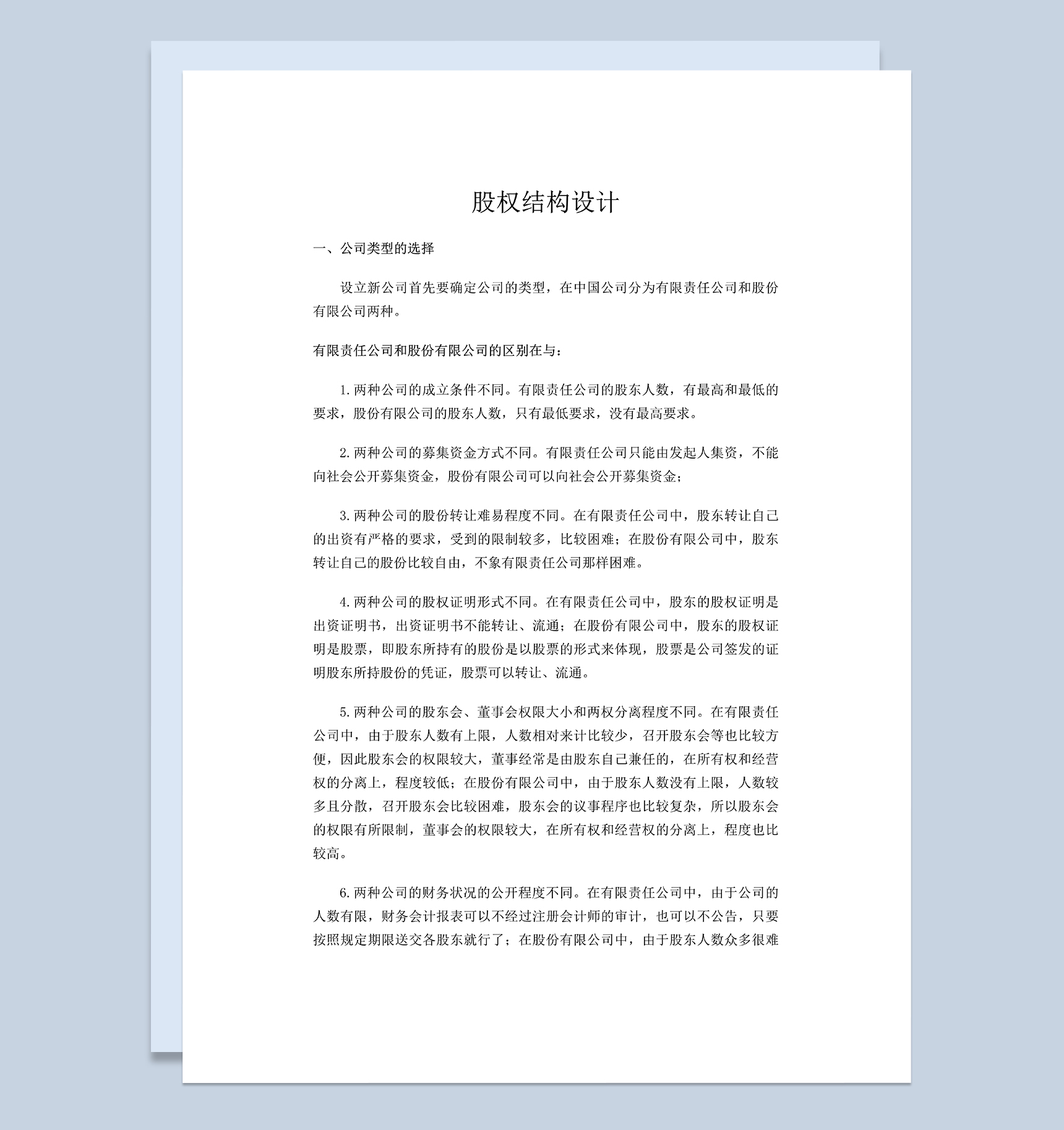 股权结构设计内容初创公司股权分配方案Word模板