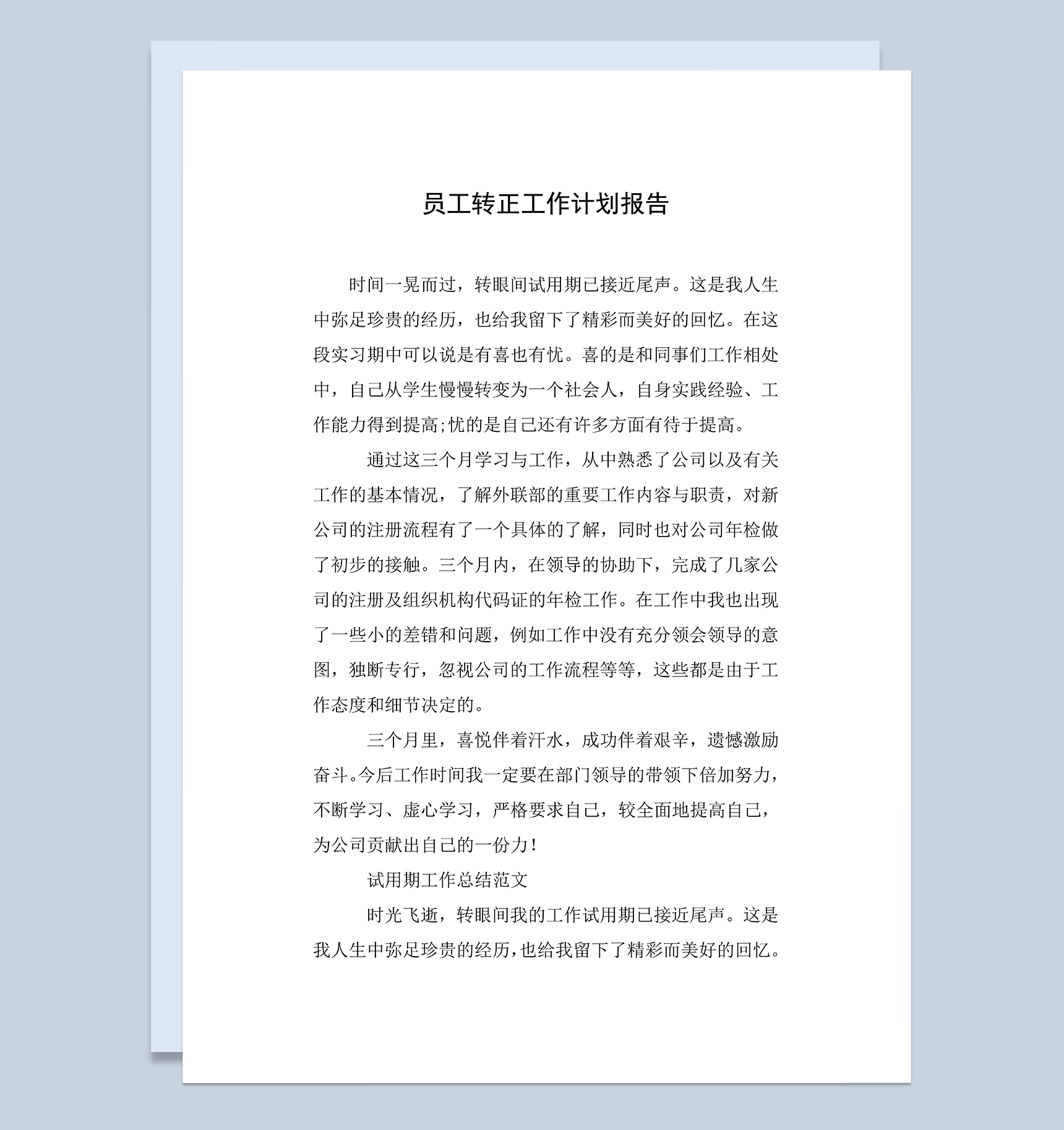员工试用期满个人转正年终工作计划报告Word模板-1
