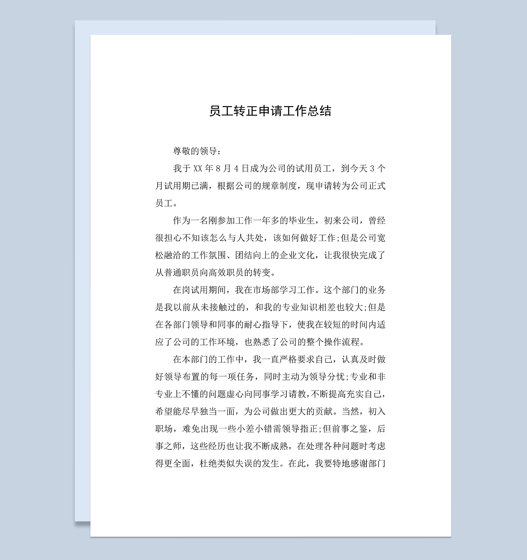 市场部员工转正申请工作总结年终总结Word模板