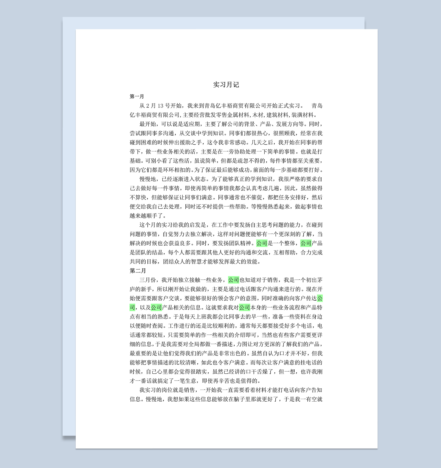 实用简约风格会计专业实习月记报告Word模板-1