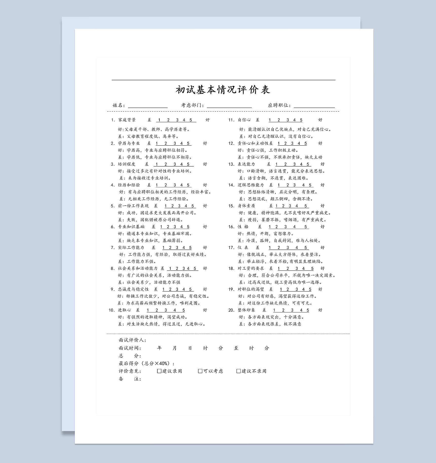 人事部常用初试基本情况评价表Word模板