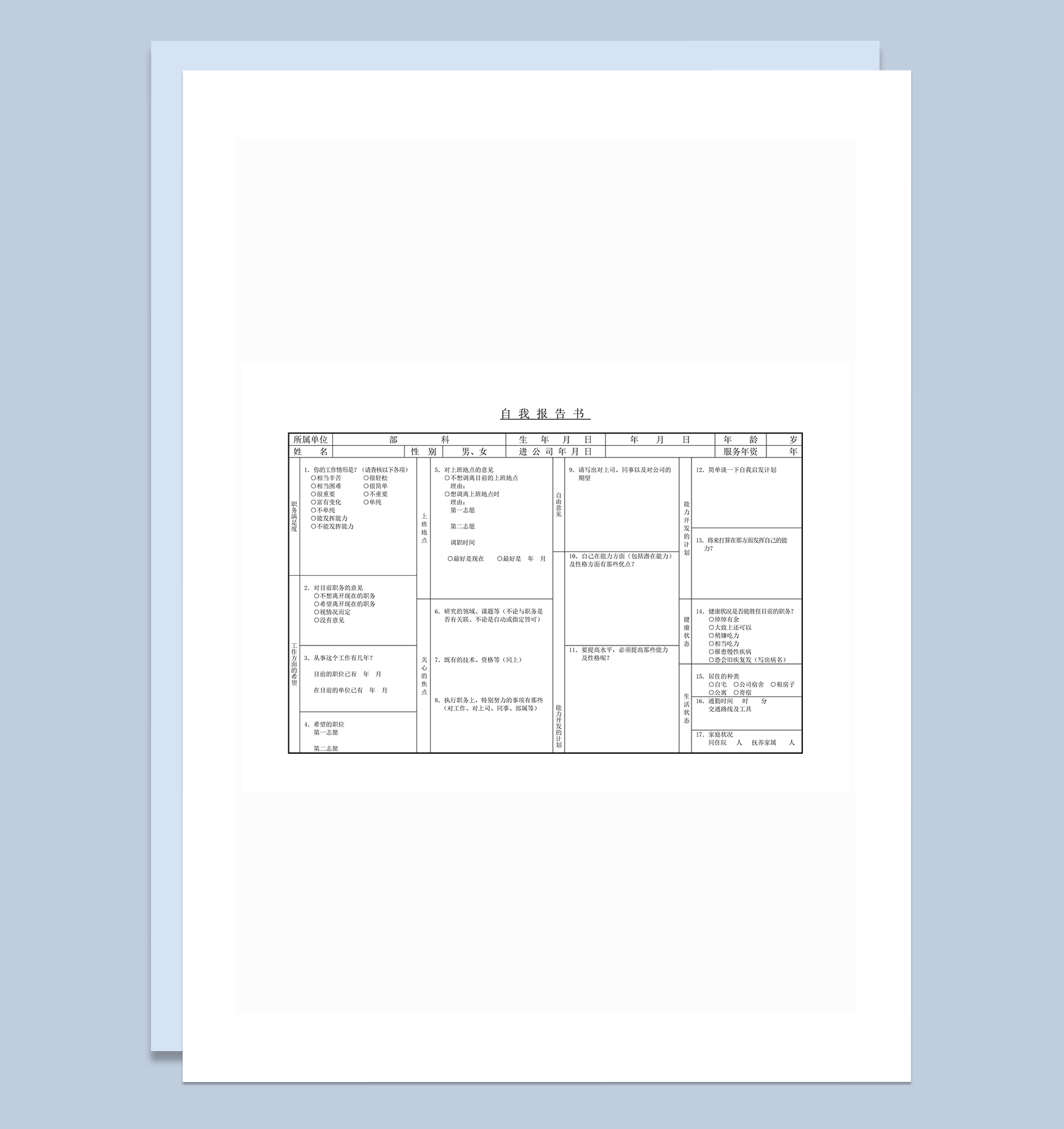 公司员工工作经历意向满意度自我报告书word模板