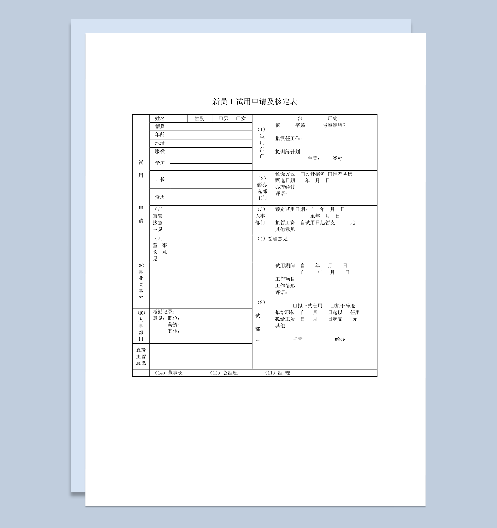 新员工试用申请核定详情包报表word模板