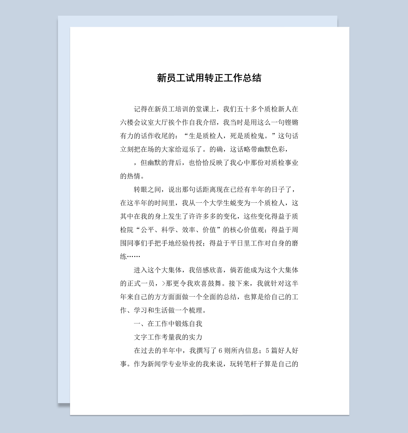 新员工实习试用转正工作总结汇报Word模板