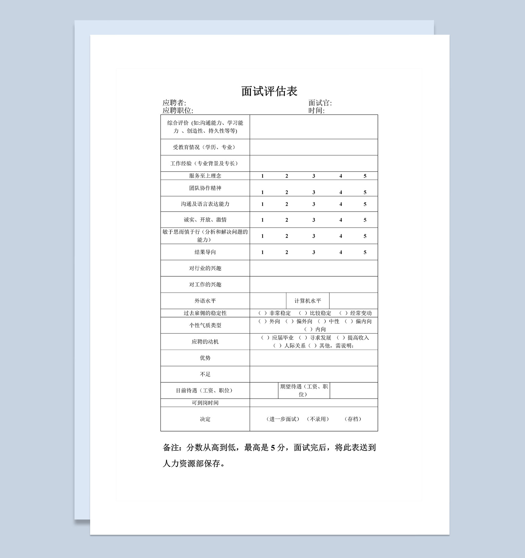 企业公司基层人员面试评估表Word模板