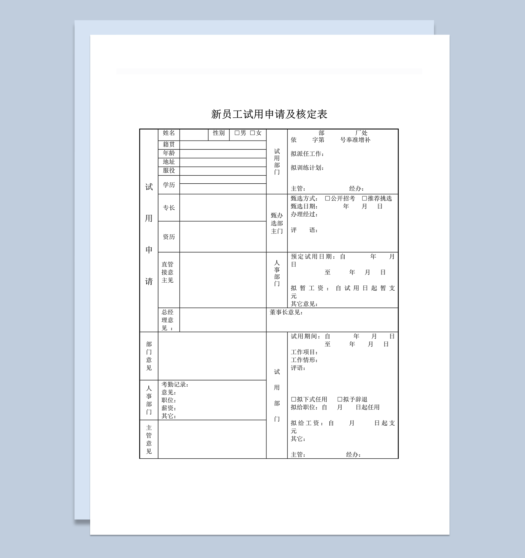 公司新员工试用申请及核定表word模板